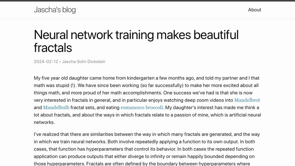 Screenshot of sohl-dickstein.github.io: Neural network training makes beautiful fractals