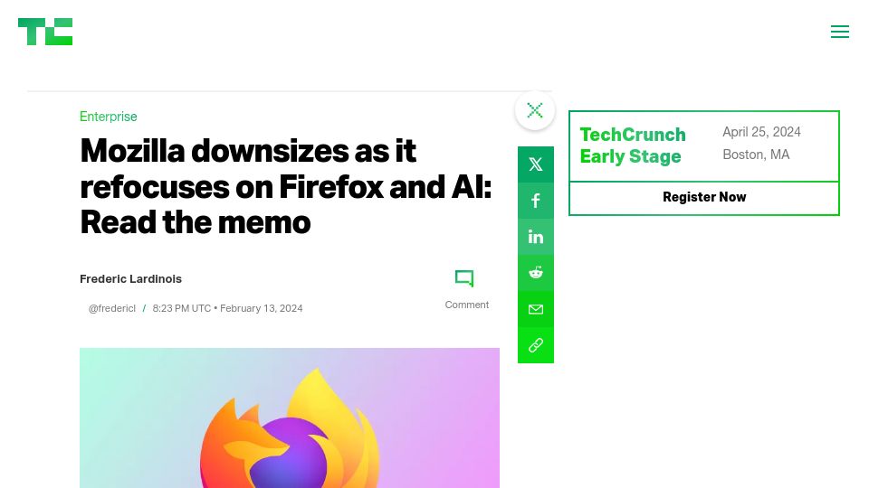 Screenshot of techcrunch.com: Mozilla downsizes as it refocuses on Firefox and AI