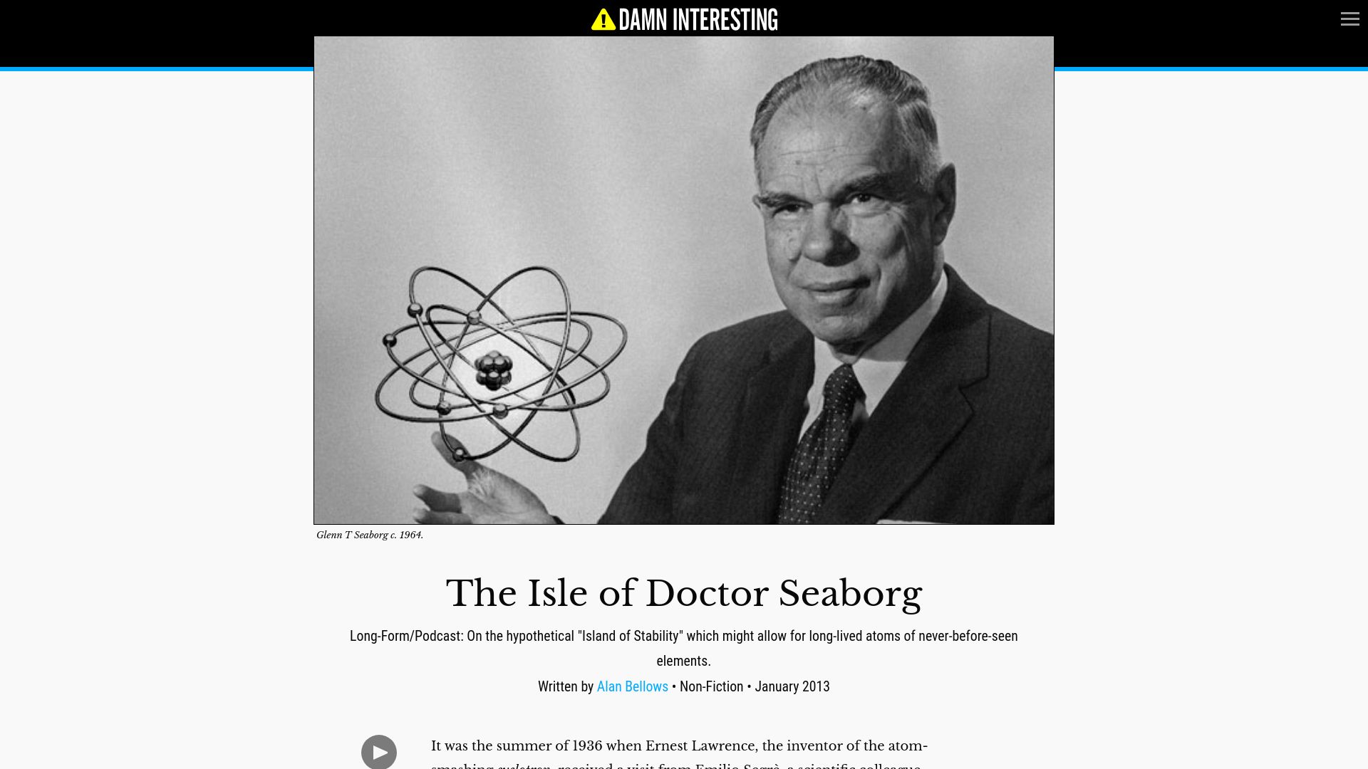 Screenshot of damninteresting.com: The Isle of Doctor Seaborg (2013)