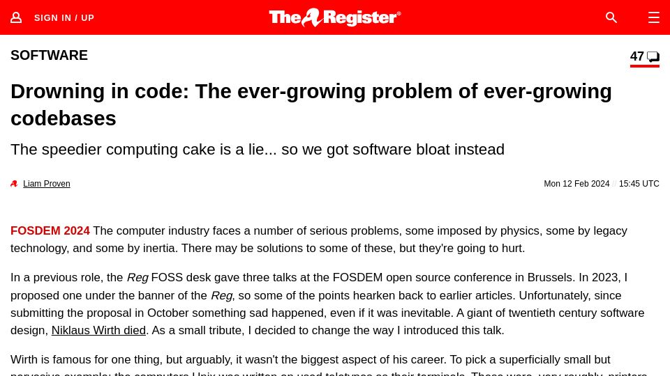 Screenshot of theregister.com: Drowning in code: The ever-growing problem of ever-growing codebases