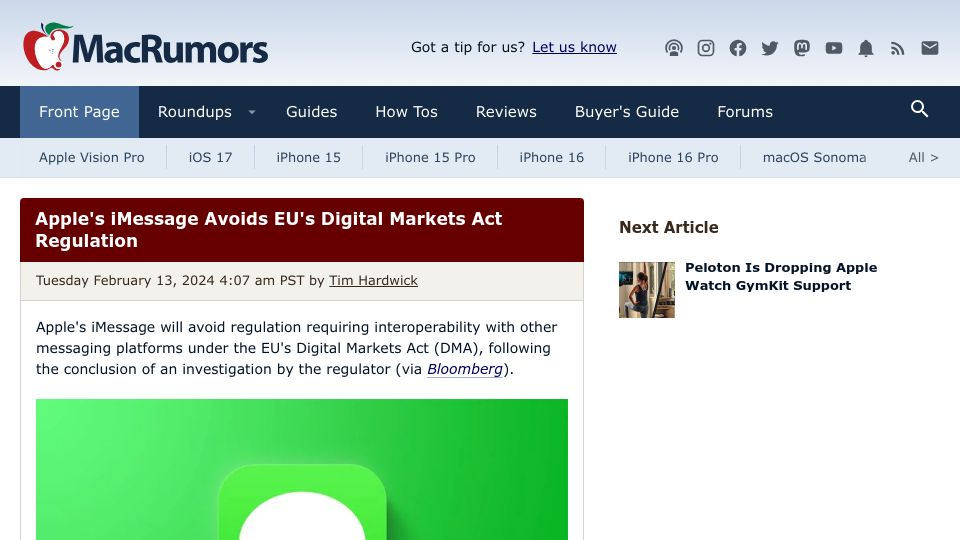 Screenshot of macrumors.com: Apple's iMessage avoids EU's Digital Markets Act regulation