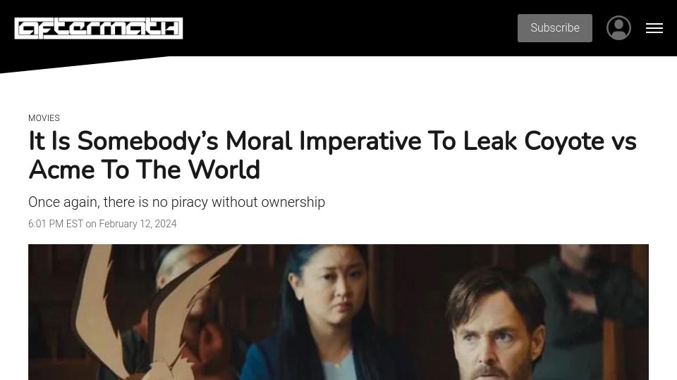 Screenshot of aftermath.site: It Is Somebody's Moral Imperative to Leak "Coyote vs. Acme" to the World