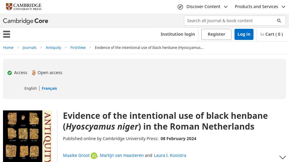 Screenshot of cambridge.org: Evidence of the intentional use of black henbane in the Roman Netherlands