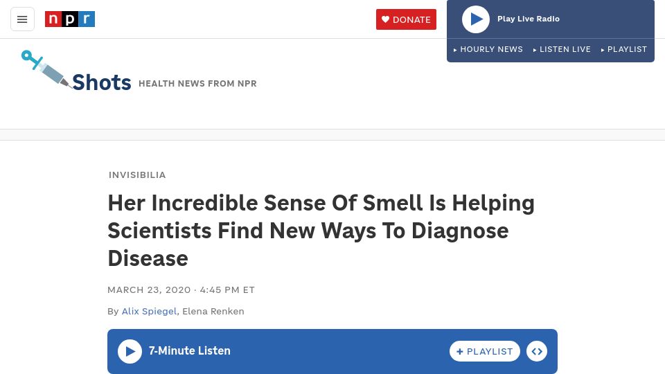 Screenshot of npr.org: A woman who can smell Parkinson's is inspiring research into diagnosis (2020)