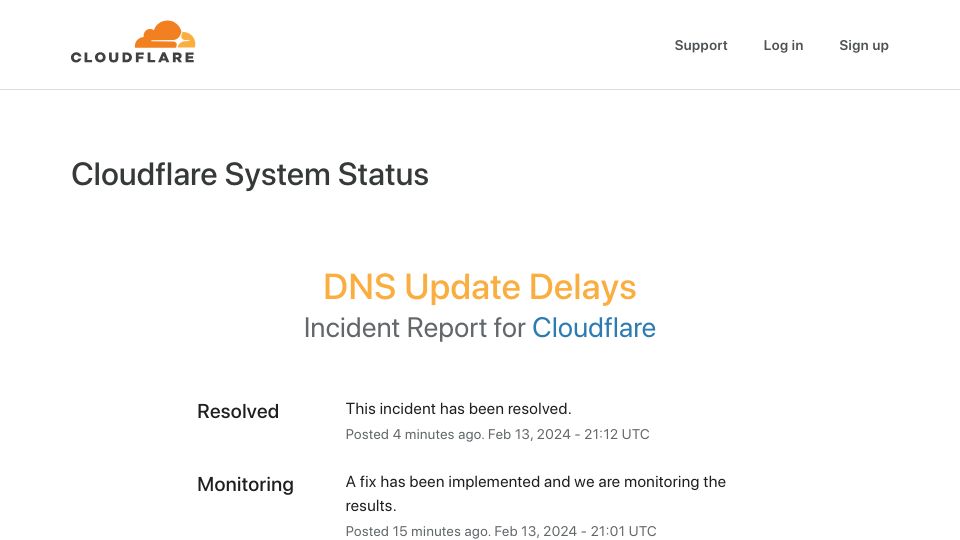 Screenshot of cloudflarestatus.com: Cloudflare DNS Updates Delayed