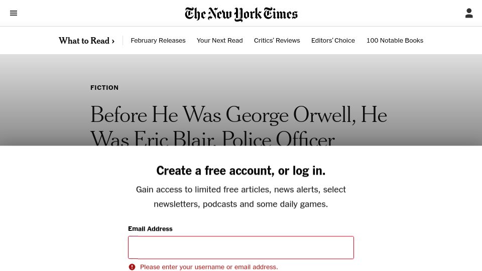 Screenshot of nytimes.com: Before he was George Orwell, he was Eric Blair, police officer