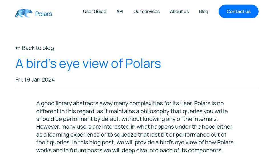 Screenshot of pola.rs: A bird's eye view of Polars