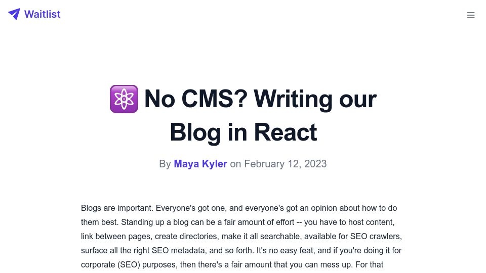 Screenshot of getwaitlist.com: No CMS? Writing Our Blog in React (2023)