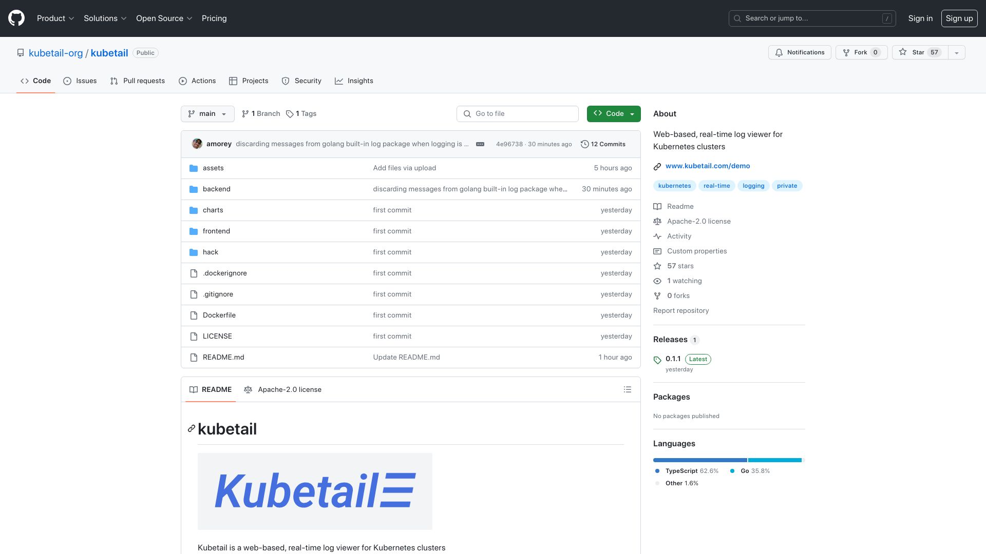 Screenshot of github.com: Show HN: Kubetail – Web-based real-time log viewer for Kubernetes