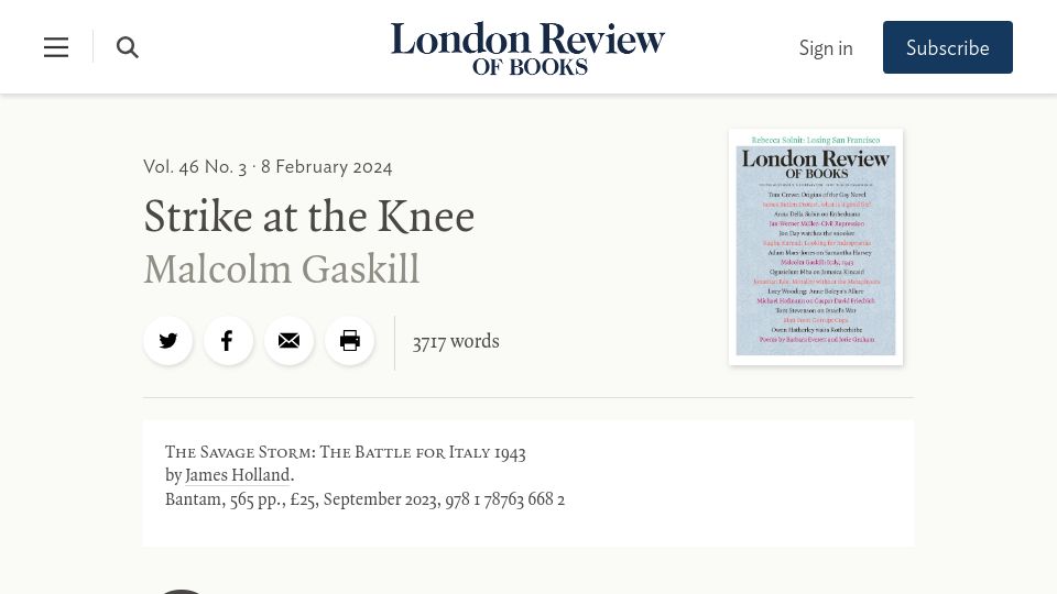 Screenshot of lrb.co.uk: Strike at the Knee: Review of the Savage Storm: The Battle for Italy 1943