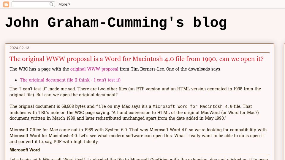 Screenshot of blog.jgc.org: Original WWW proposal is a Word for Macintosh 4 file from 1990, can we open it?