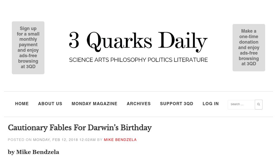 Screenshot of 3quarksdaily.com: Cautionary Fables for Darwin's Birthday (2018)