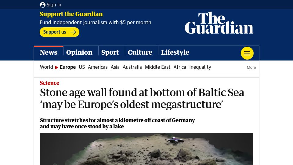 Screenshot of theguardian.com: Wall found at bottom of Baltic Sea 'may be Europe’s oldest megastructure'