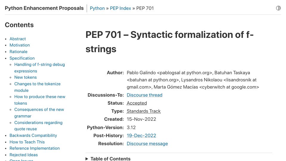 Screenshot of peps.python.org: PEP 701 – Syntactic formalization of f-strings