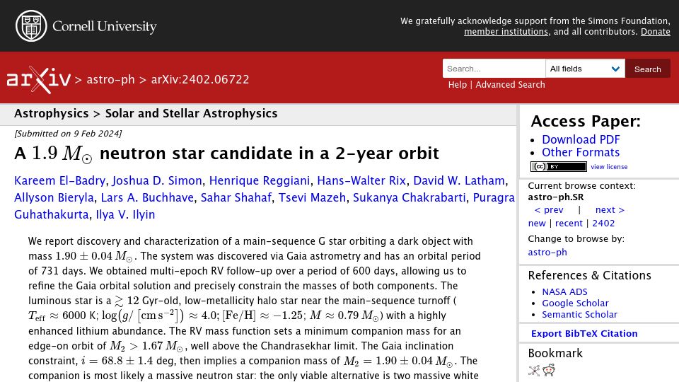 Screenshot of arxiv.org: A 1.9 solar mass neutron star candidate in a 2-year orbit