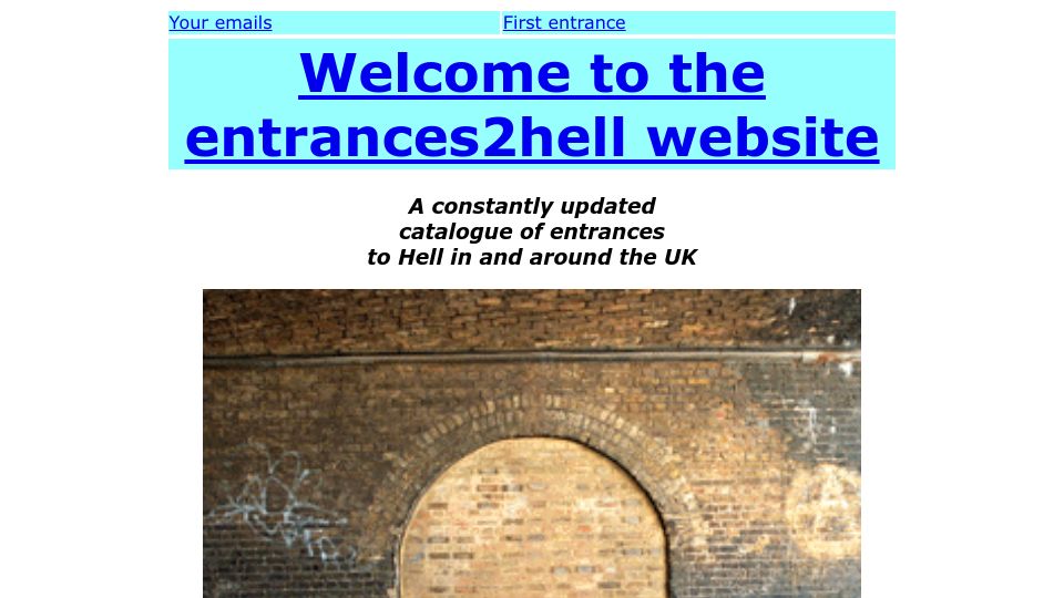 Screenshot of entrances2hell.co.uk: The Catalogue of UK Entrances to Hell (2002)