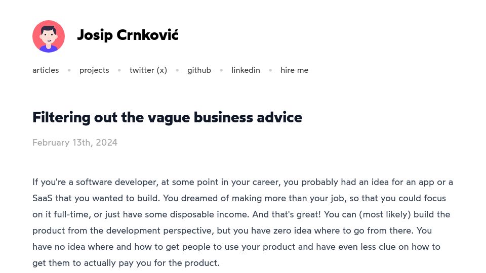 Screenshot of crnkovic.me: Filtering the noise created by vague business advice