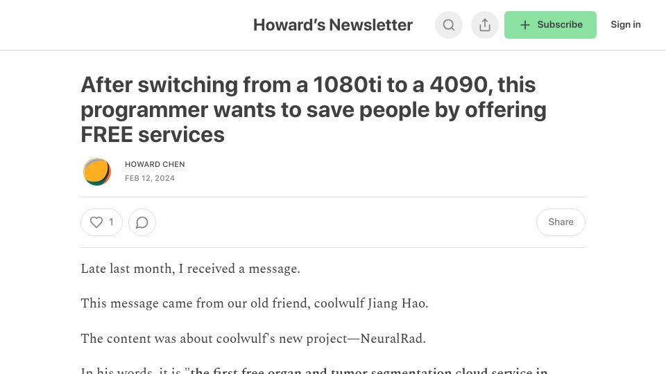 Screenshot of howardchen.substack.com: The story behind the NeuralRad organ and tumor segmentation cloud service