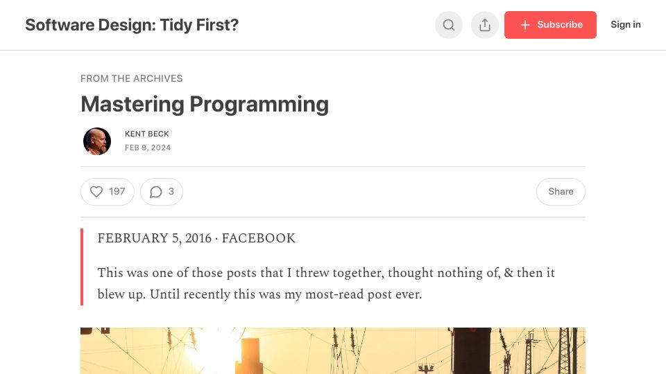 Screenshot of tidyfirst.substack.com: Mastering Programming (2016)