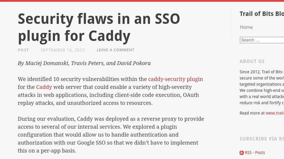 Screenshot of blog.trailofbits.com: Security flaws in an SSO plugin for Caddy (2023)