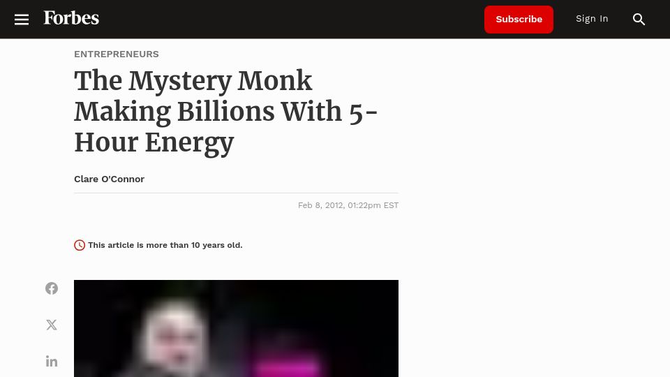 Screenshot of forbes.com: Mystery monk makes billions with 5-hour energy (2012)