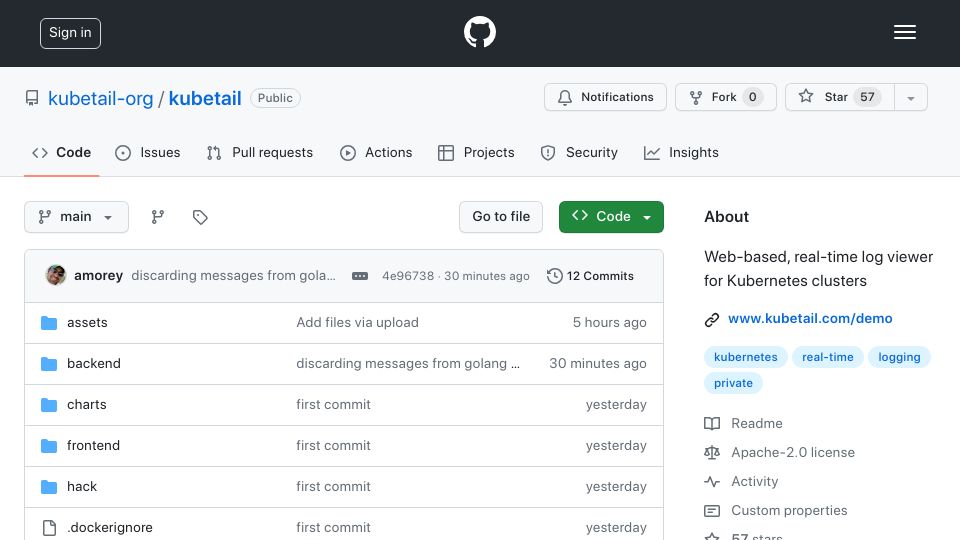 Screenshot of github.com: Show HN: Kubetail – Web-based real-time log viewer for Kubernetes