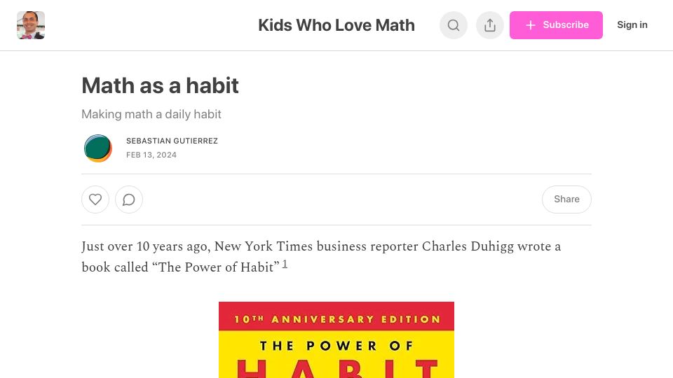 Screenshot of kidswholovemath.substack.com: Math as a habit