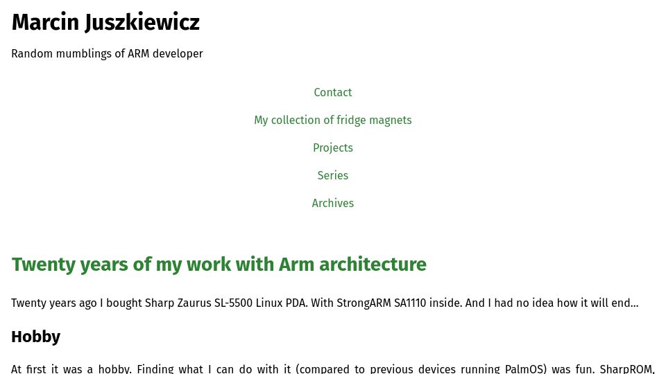 Screenshot of marcin.juszkiewicz.com.pl: Twenty years of my work with Arm architecture