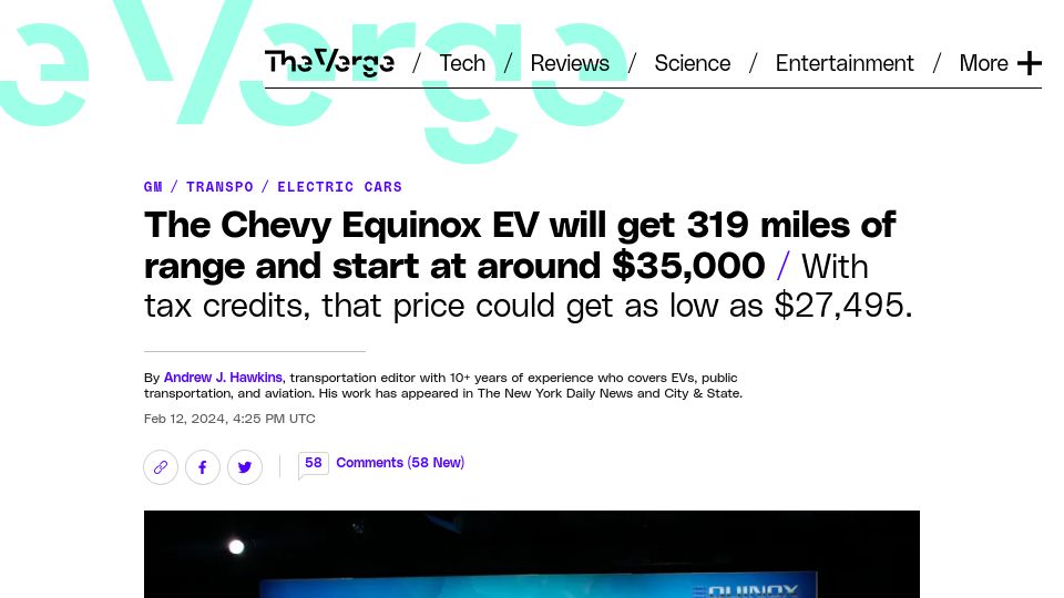 Screenshot of theverge.com: The Chevy Equinox EV will get 319 miles of range and start at around $35,000