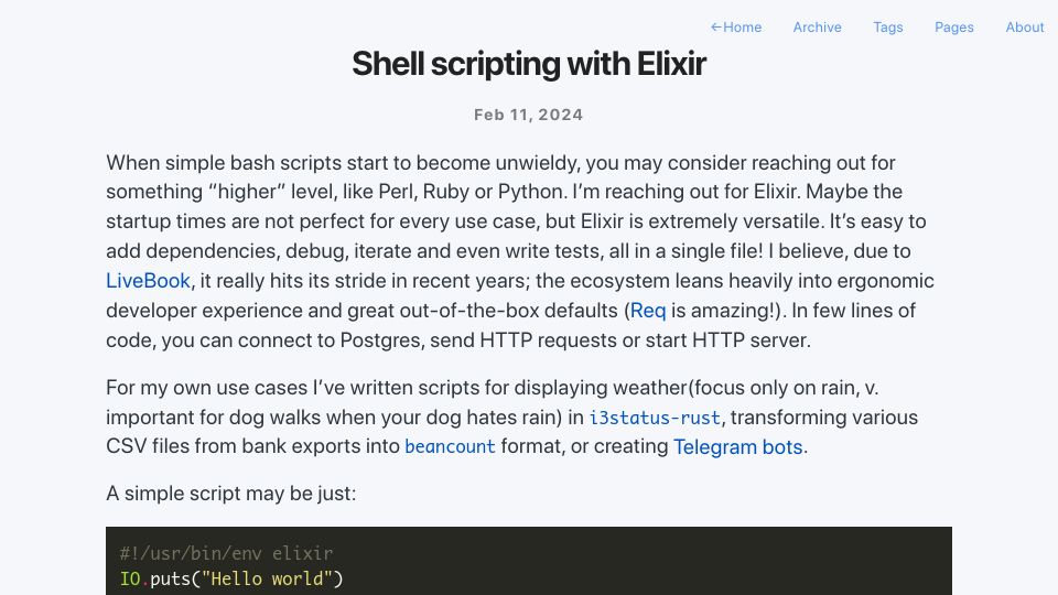 Screenshot of arathunku.com: Shell scripting with Elixir