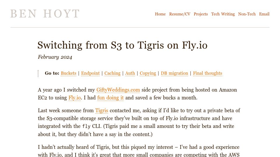 Screenshot of benhoyt.com: Switching from S3 to Tigris on Fly.io