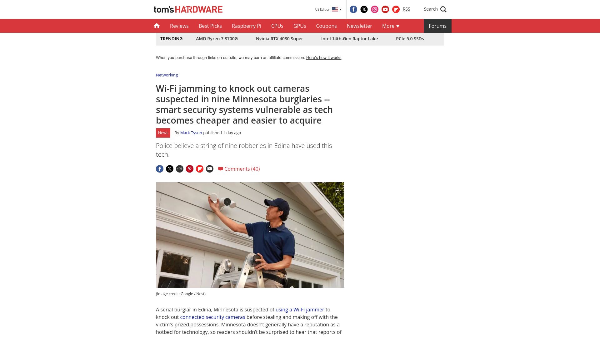 Screenshot of tomshardware.com: Wi-Fi jamming to knock out cameras suspected in nine Minnesota burglaries
