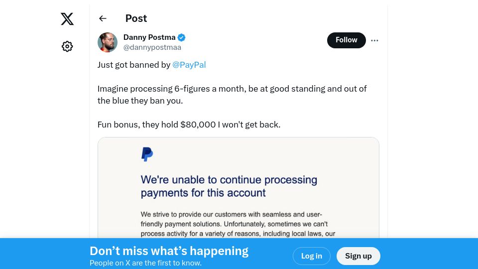 Screenshot of twitter.com: "PayPal took $80k from me and banned me"