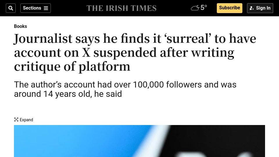Screenshot of irishtimes.com: A journalist has his account on X suspended after writing critique of platform