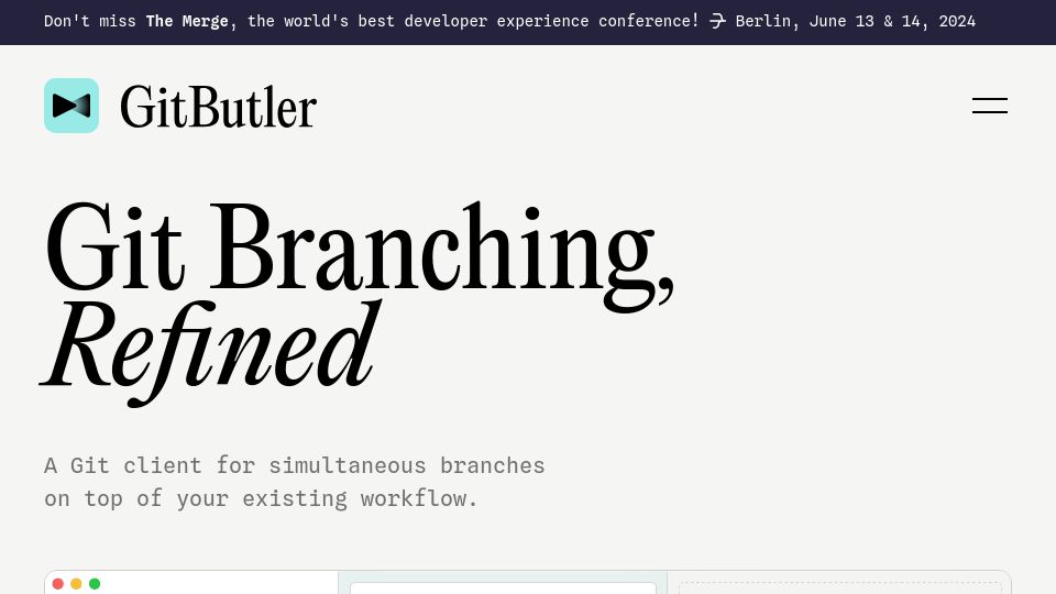 Screenshot of gitbutler.com: A Git client for simultaneous branches on top of your existing workflow
