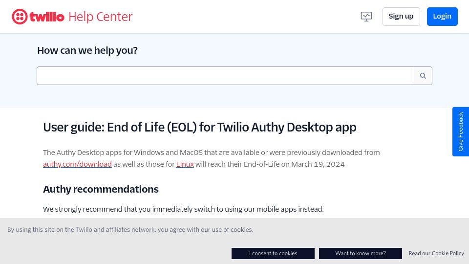 Screenshot of help.twilio.com: End of Life for Twilio Authy Desktop App
