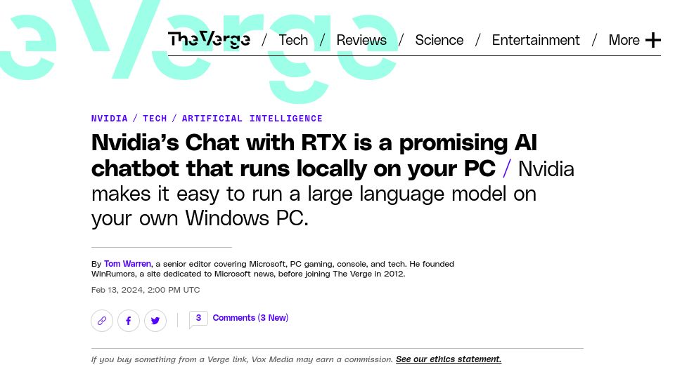 Screenshot of theverge.com: Nvidia's Chat with RTX is an AI chatbot that runs locally on your PC