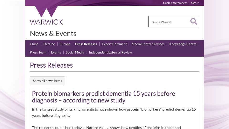 Screenshot of warwick.ac.uk: Protein biomarkers predict dementia 15 years before diagnosis in new study