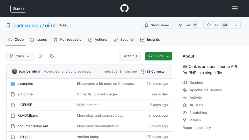 Screenshot of github.com: Oink: An API for PHP in a single file