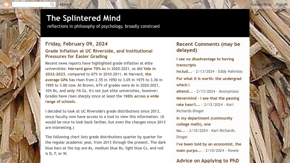Screenshot of schwitzsplinters.blogspot.com: Grade inflation at UC Riverside, and institutional pressures for easier grading