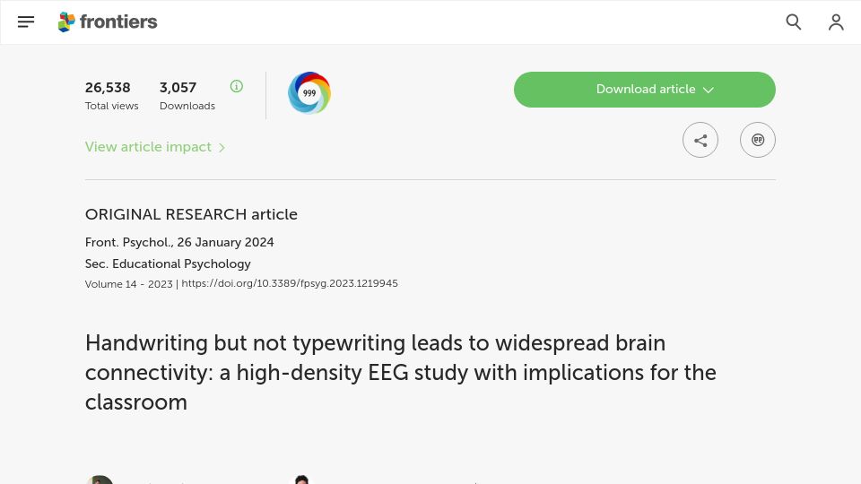Screenshot of frontiersin.org: Handwriting but not typewriting leads to widespread brain connectivity