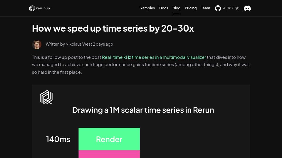 Screenshot of rerun.io: We sped up time series by 20-30x
