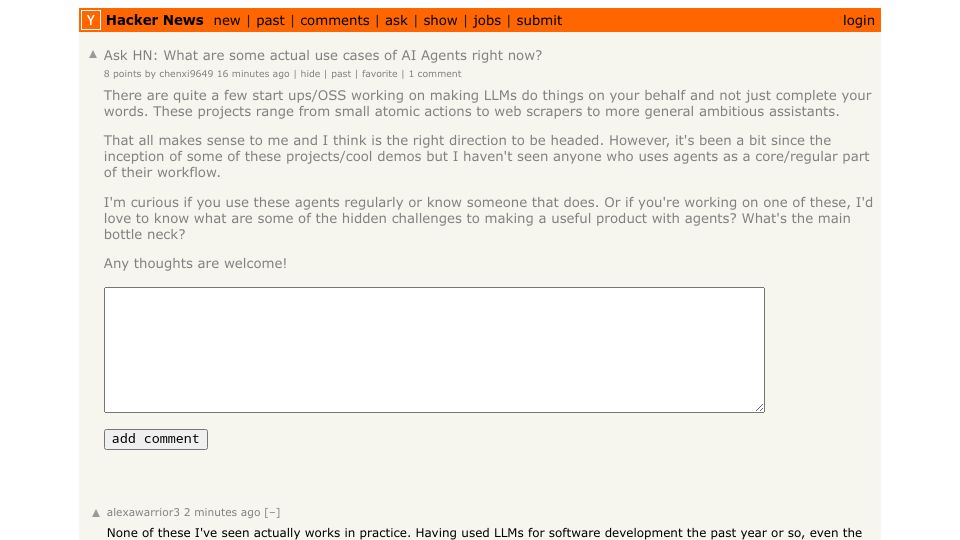 Screenshot of Hacker News post: Ask HN: What are some actual use cases of AI Agents right now?