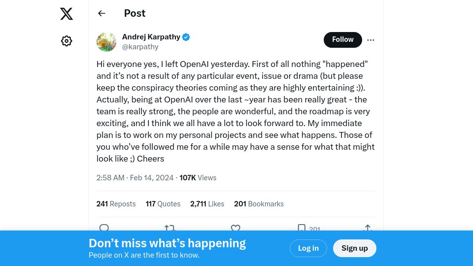 Screenshot of twitter.com: Hi everyone yes, I left OpenAI yesterday