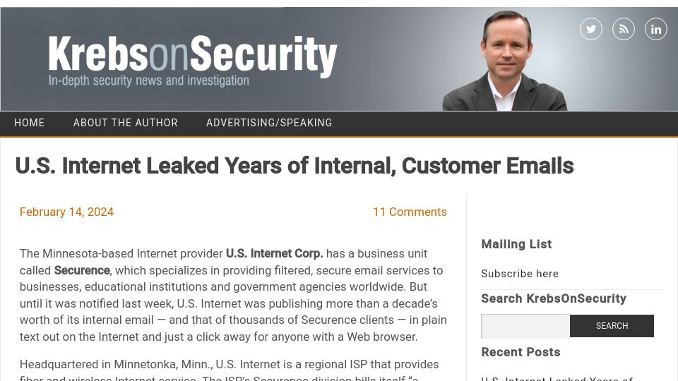 Screenshot of krebsonsecurity.com: U.S. Internet leaked years of internal, customer emails