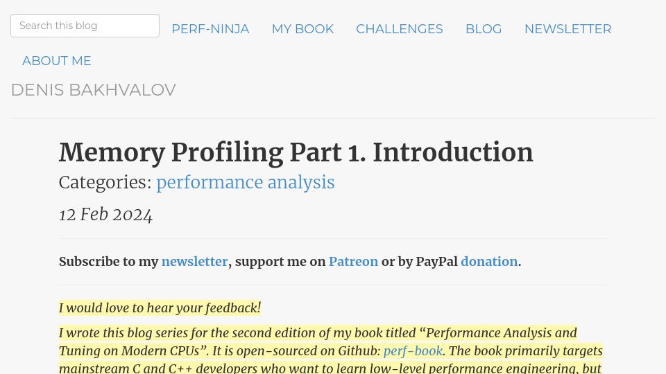 Screenshot of easyperf.net: Memory Profiling: Introduction