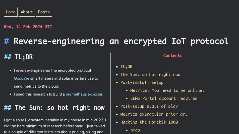 Screenshot of smlx.dev: Reverse-engineering an encrypted IoT protocol