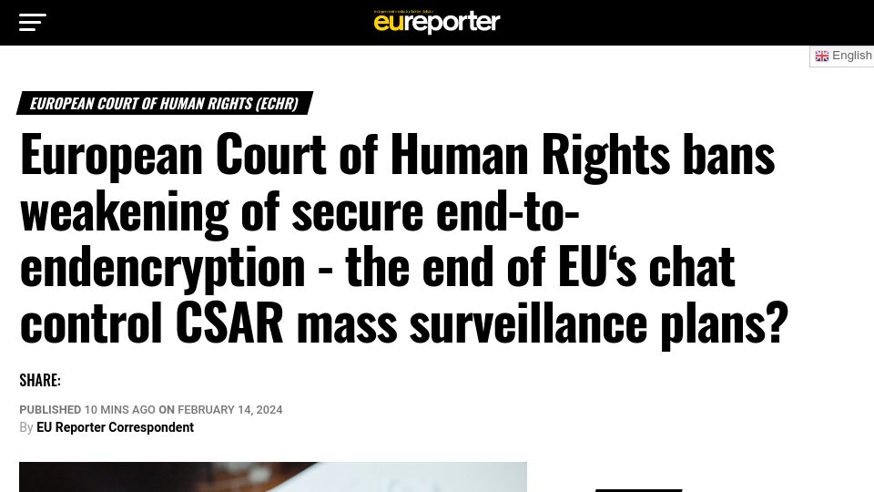 Screenshot of eureporter.co: European Court of Human Rights bans weakening of secure end-to-end encryption