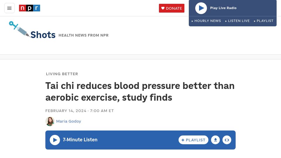 Screenshot of npr.org: Tai chi reduces blood pressure better than aerobic exercise