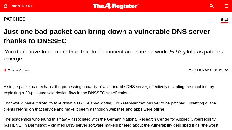 Screenshot of theregister.com: Just one bad packet can bring down a vulnerable DNS server thanks to DNSSEC
